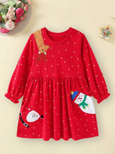 Young Girls Christmas Retro Cotton Long Red Dress, Casual & Comfortable Cartoon Santa Claus Pattern Dress For Autumn/Winter